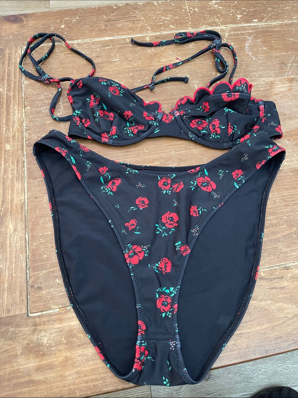 Black Bikini Set with Red Floral Print